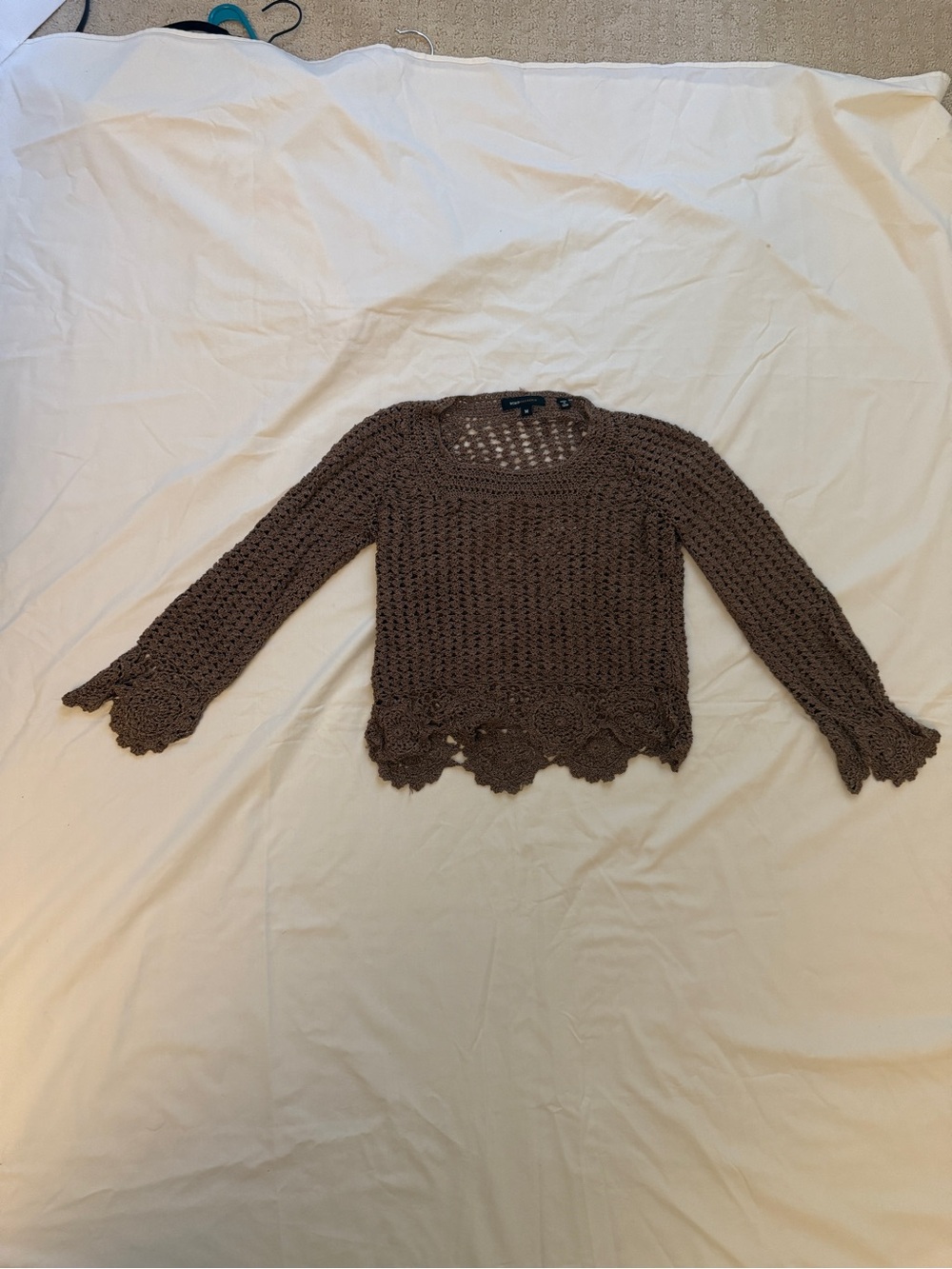 BCBGMaxAzria Brown Crochet Scoop Neck Pullover